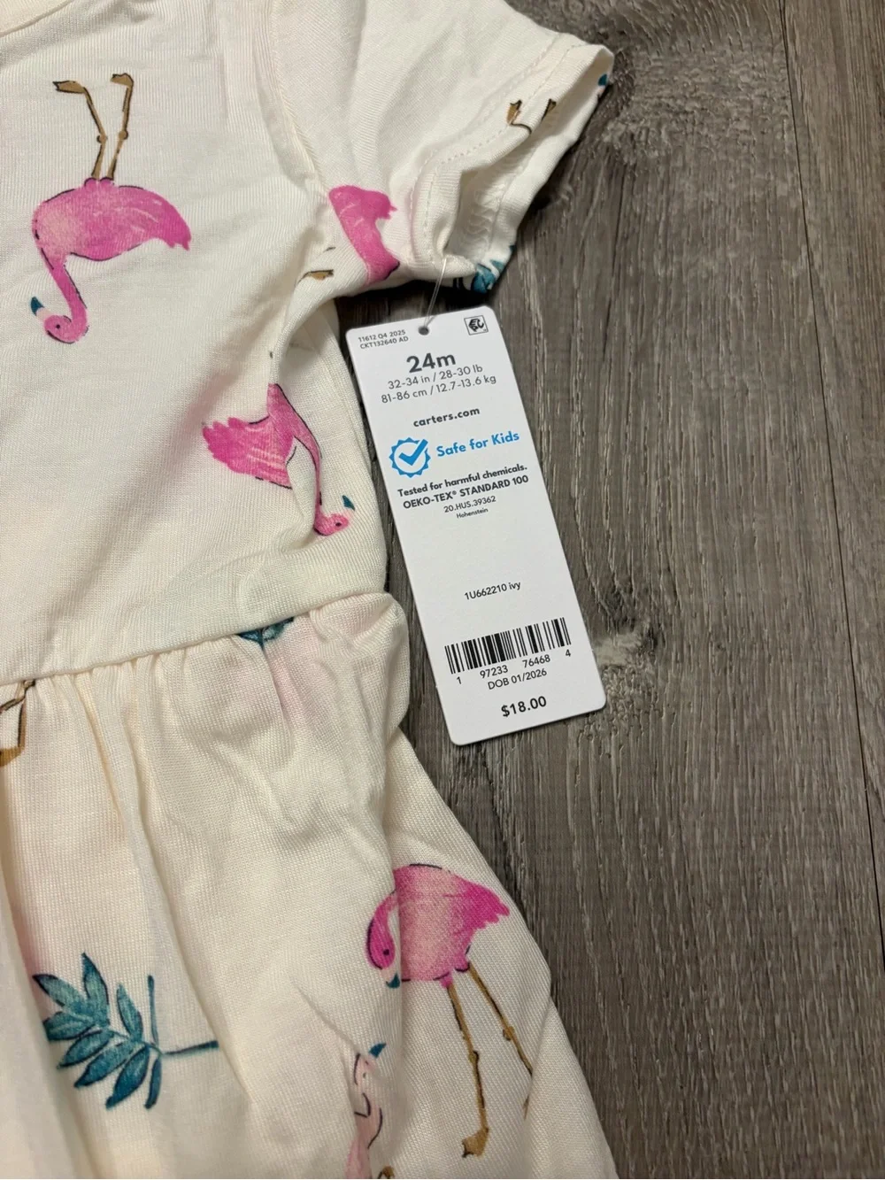 Carter's Baby Girl Flamingo PurelySoft Short-Sleeve Bodysuit Dress - Ivory- NWT